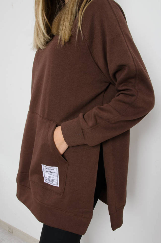 Bluza Oversize Z Rozci Ciami Po Bokach I Ozdobn Naszywk Ciemny Br Z