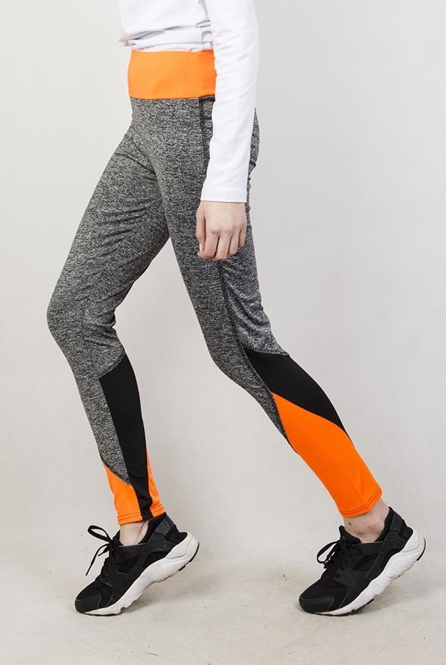 Szare legginsy fitness z pomarańczowymi wstawkami