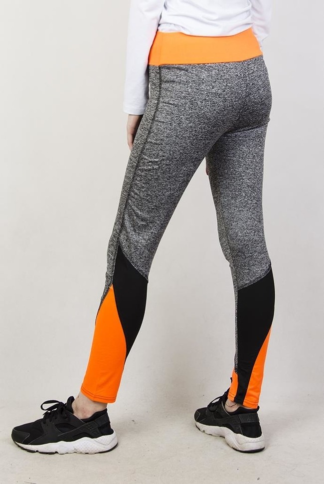 Szare legginsy fitness z pomarańczowymi wstawkami