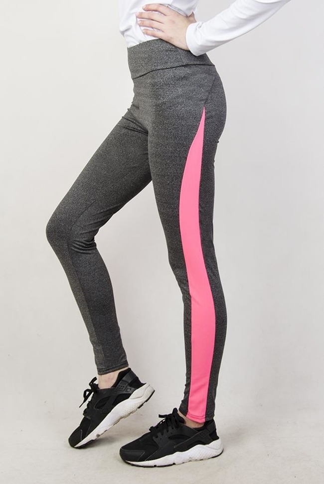 Szare legginsy fitness z różowymi wstawkami po bokach