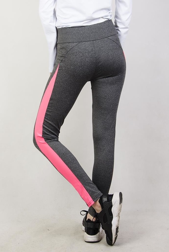 Szare legginsy fitness z różowymi wstawkami po bokach