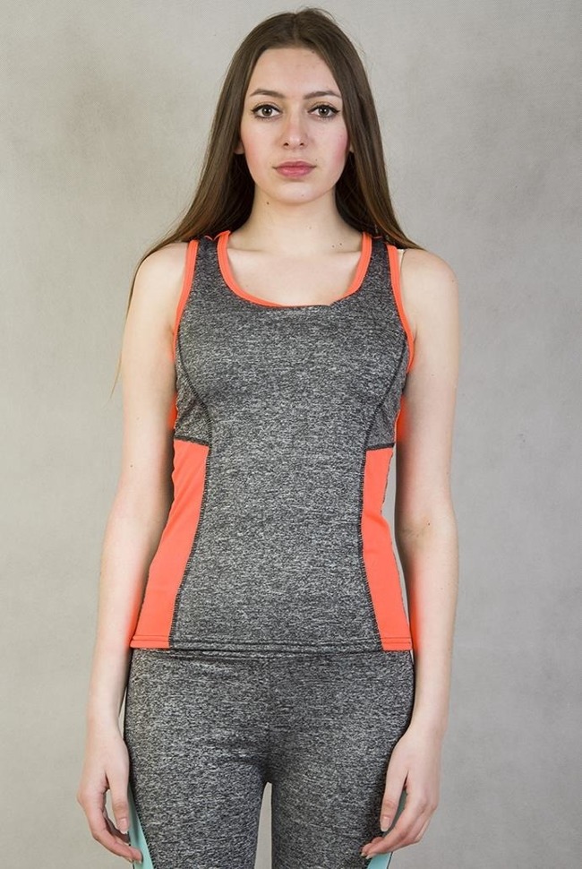 Szaro-pomarańczowa bluzka fitness z wycięciem na plecach