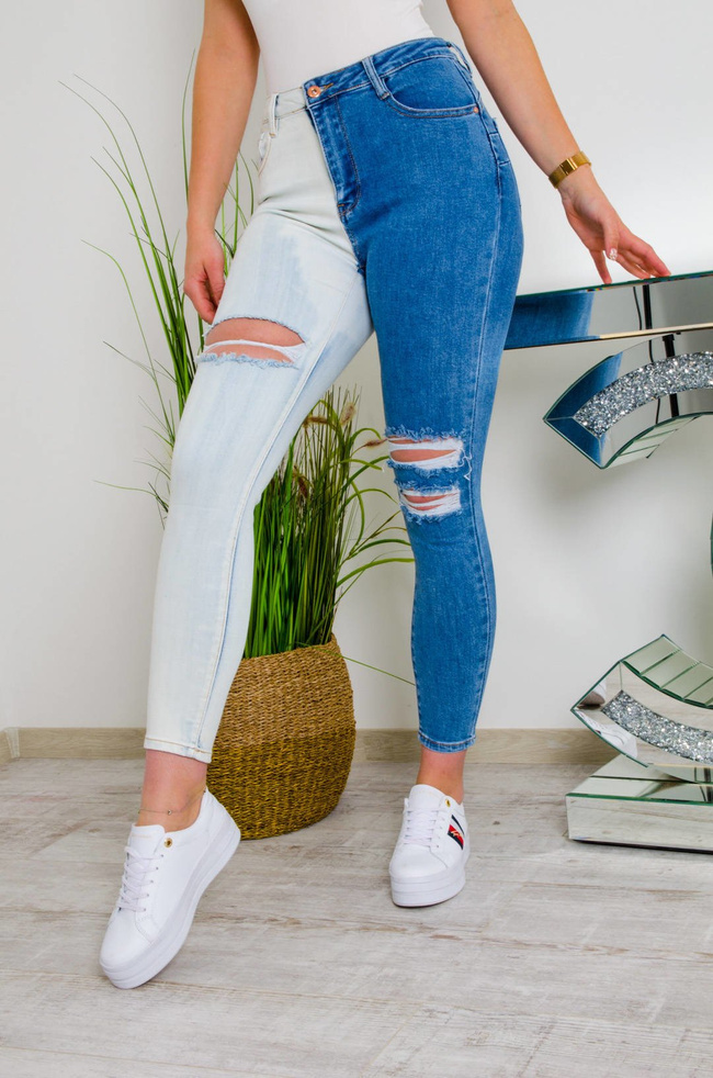 DWUKOLOROWE SPODNIE JEANSOWE TYPU PUSH UP Z DZIURAMI