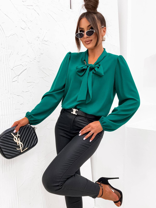 BLUZKA Z OZDOBNYM WIĄZANIEM PRZY SZYI- BUTELKOWA ZIELEŃ
