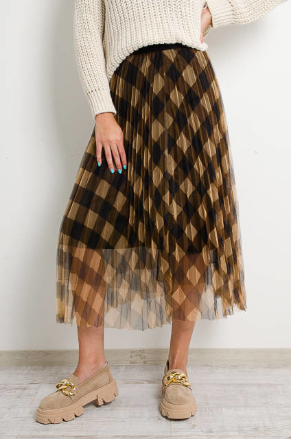 BRĄZOWA SPÓDNICA TIULOWA W KRATĘ