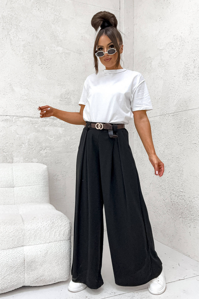 SZEROKIE SPODNIE ONESIZE Z WYSOKIM STANEM I PASKIEM- CZARNE