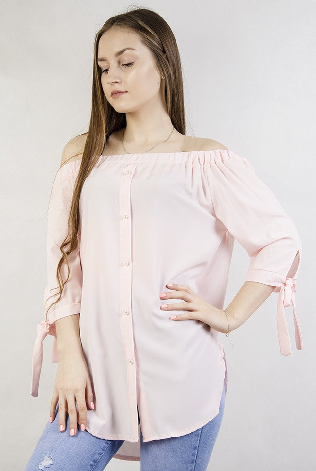 Jasnorózowa bluzka hiszpanka z koralikami