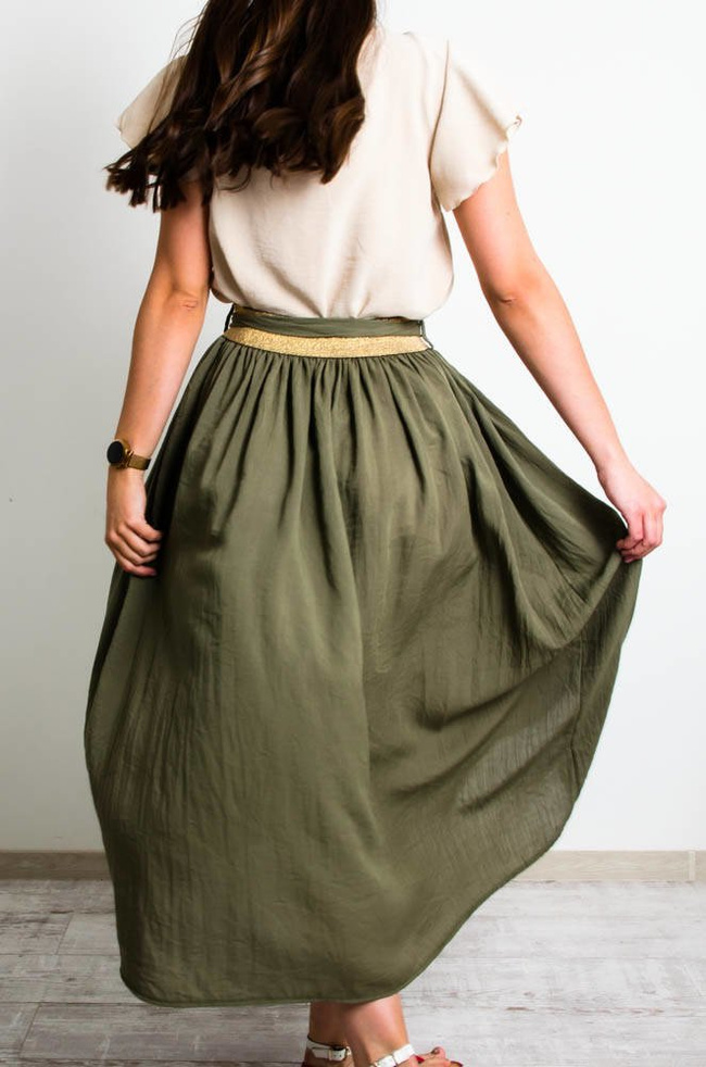 ZIELONA SPÓDNICA MAXI Z WIĄZANIEM-ZŁOTA GUMA W PASIE