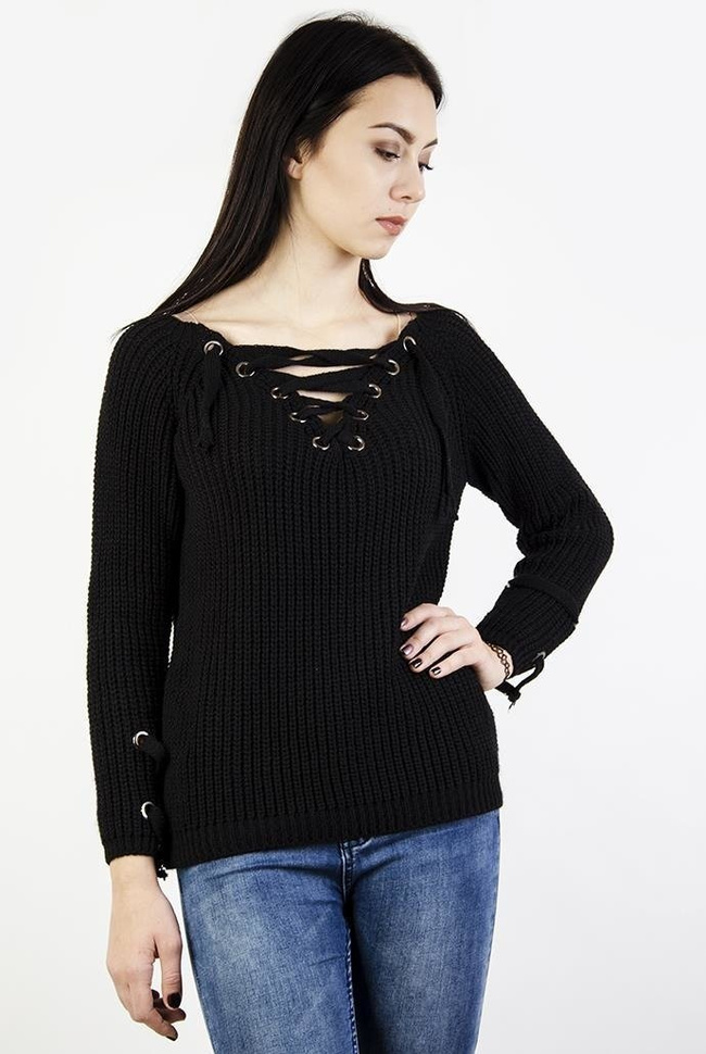 Czarny sweter z wiązaniem w dekolcie