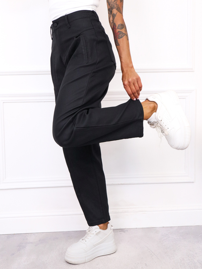 SPODNIE WOSKOWANE MOM FIT Z OZDOBNYMI PRZESZYCIAMI-CZARNE