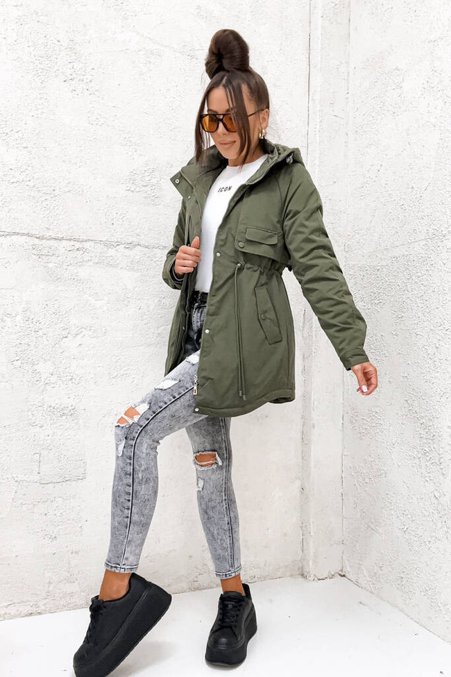 ZIELONA PARKA WIĄZANA W PASIE