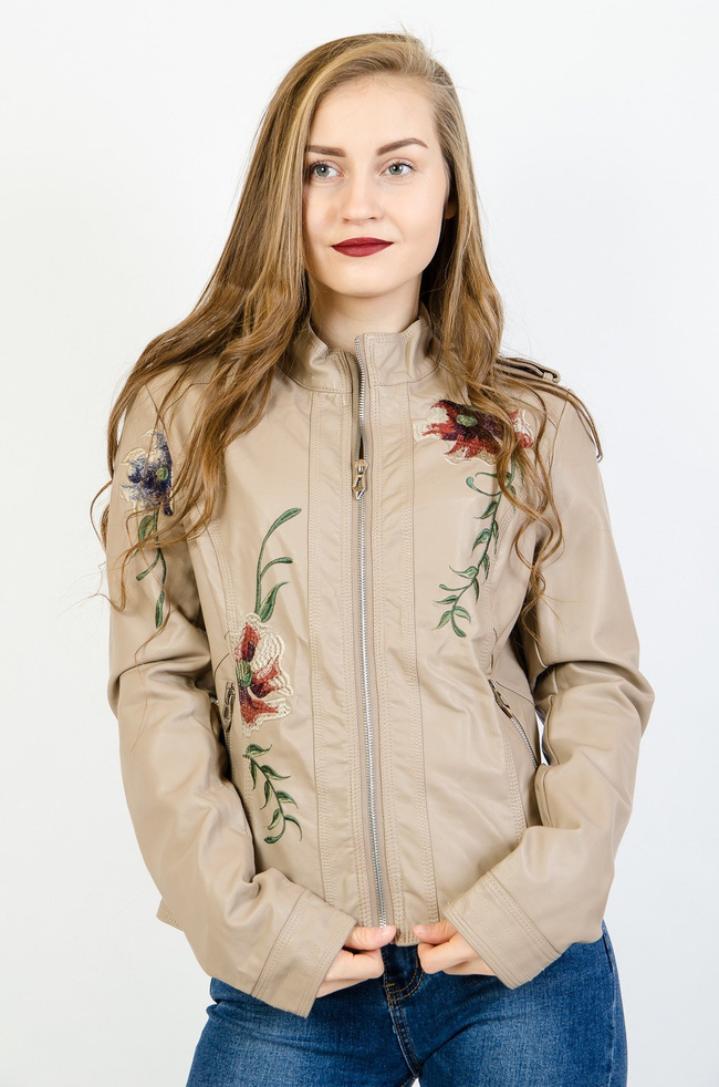 Beżowa ramoneska z wyszywanym kwiatem