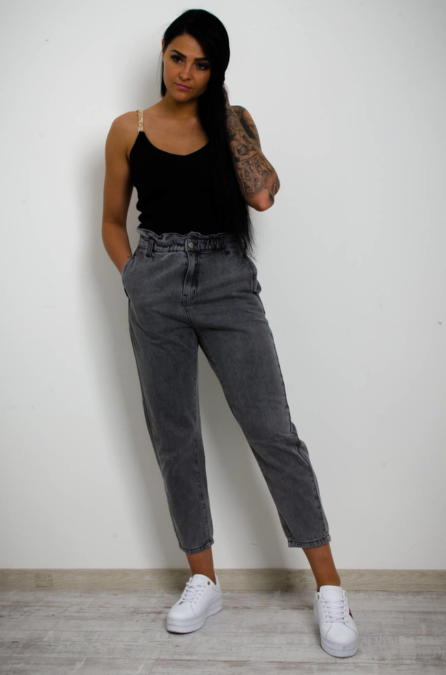 SZARE JEANSY MOM FIT Z GUMKĄ W PASIE-WYSOKI STAN