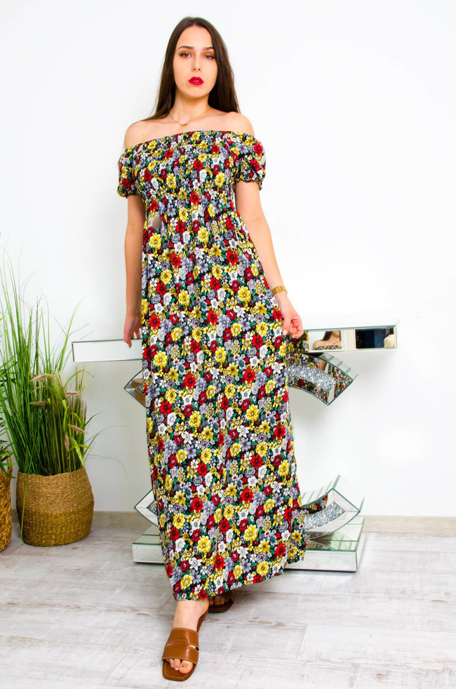 CZARNA DŁUGA SUKIENKA HISZPANKA W KWIATY 
