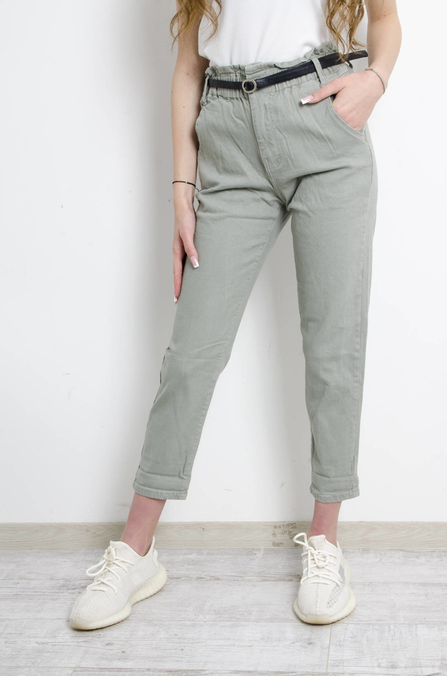 SPODNIE ZIELONE BAGGY FIT MARSZCZONE W PASIE