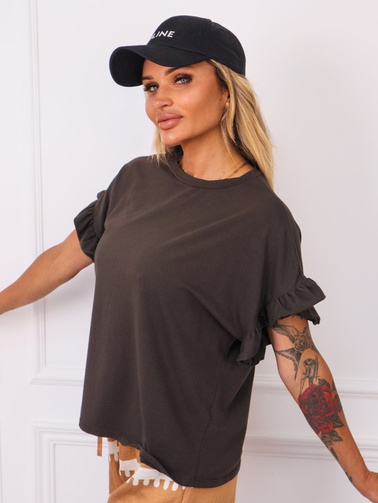 T-SHIRT OVERSIZE Z FALBANAMI NA RĘKAWACH- BRĄZOWY