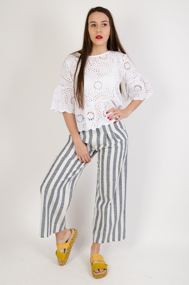Spodnie materiałowe w biało-niebieskie paski