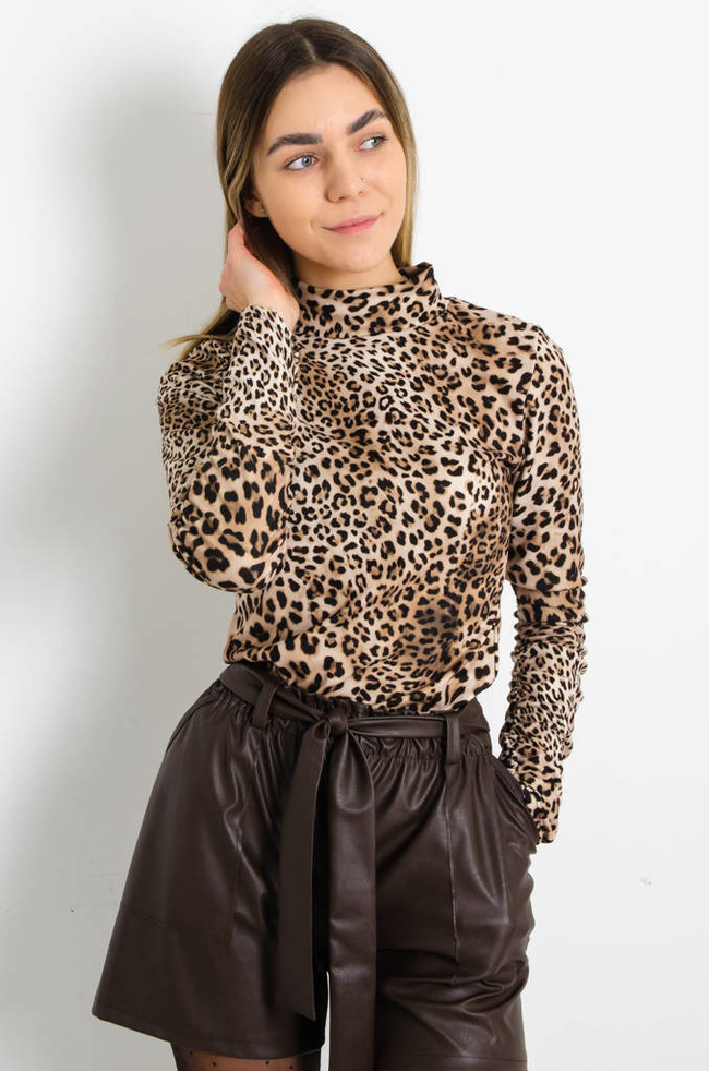 WELUROWA BLUZKA W PANTERKĘ Z GUMĄ W RĘKAWIE