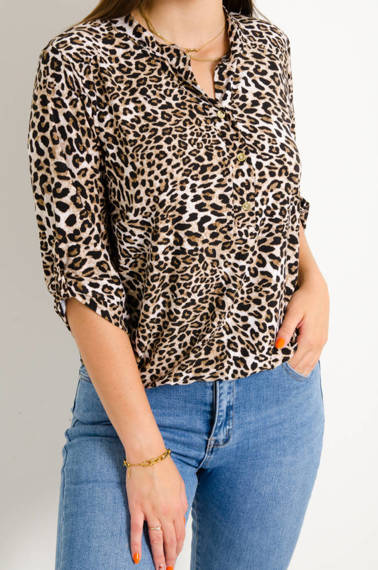 BLUZKA W PANTERKĘ Z OZDOBNYMI GUZIKAM- BRĄZOWA