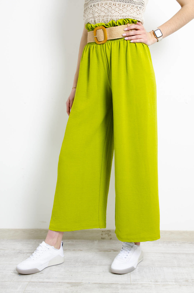 SPODNIE MATERIAŁOWE Z MARSZCZONĄ GUMĄ W PASIE I PLECIONYM PASKIEM- ZIELONE