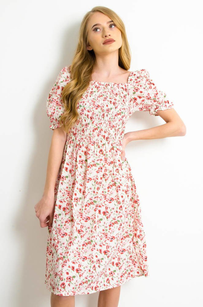 BIAŁA SUKIENKA Z BUFKAMI W RÓŻOWE KWIATY