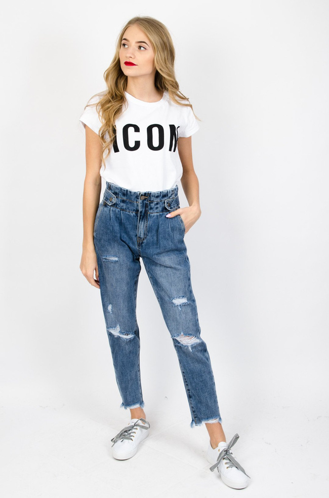 SPODNIE JEANSOWE TYPU MOM FIT Z PRZETARCIAMI