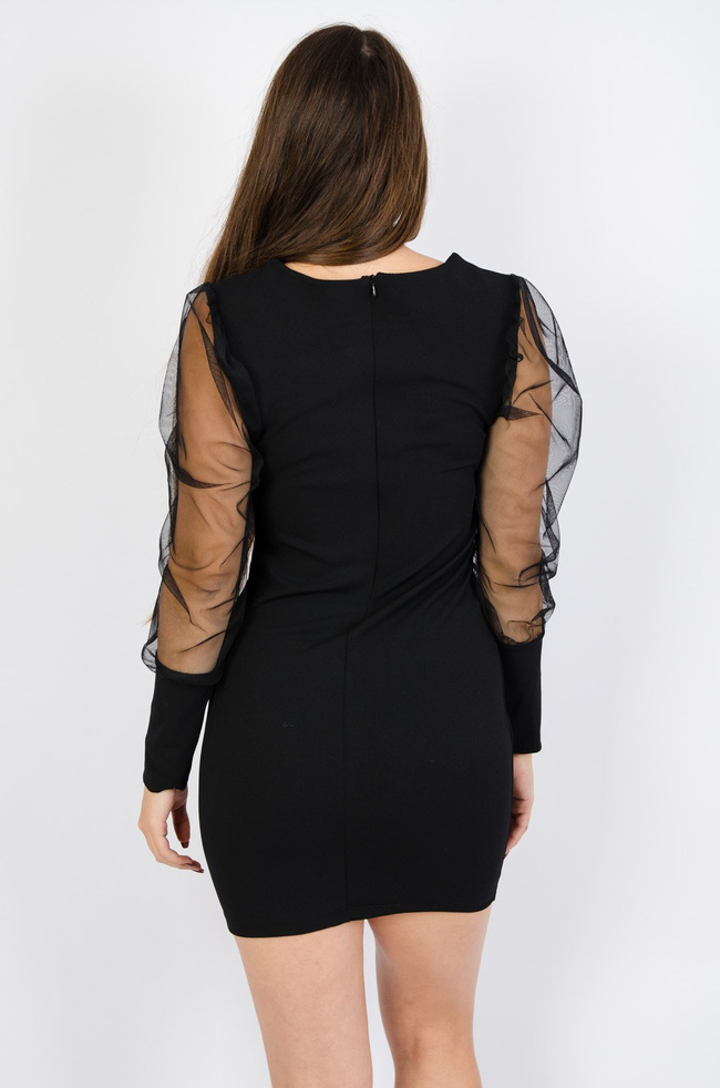 Czarna elegancka sukienka z bufiastymi rękawami z siateczki