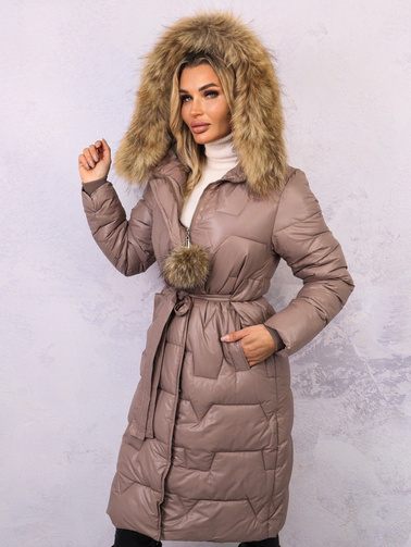DŁUGA PIKOWANA KURTKA Z FUTERKIEM- BRĄZOWA