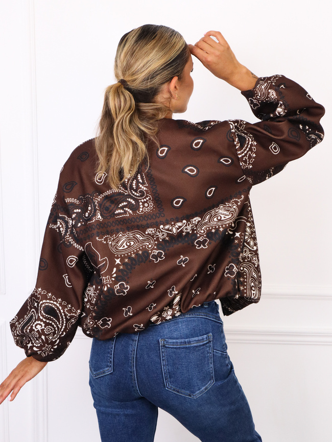 KURTKA BOMBERKA MATERIAŁOWA WE WZORY- CIEMNY BRĄZ