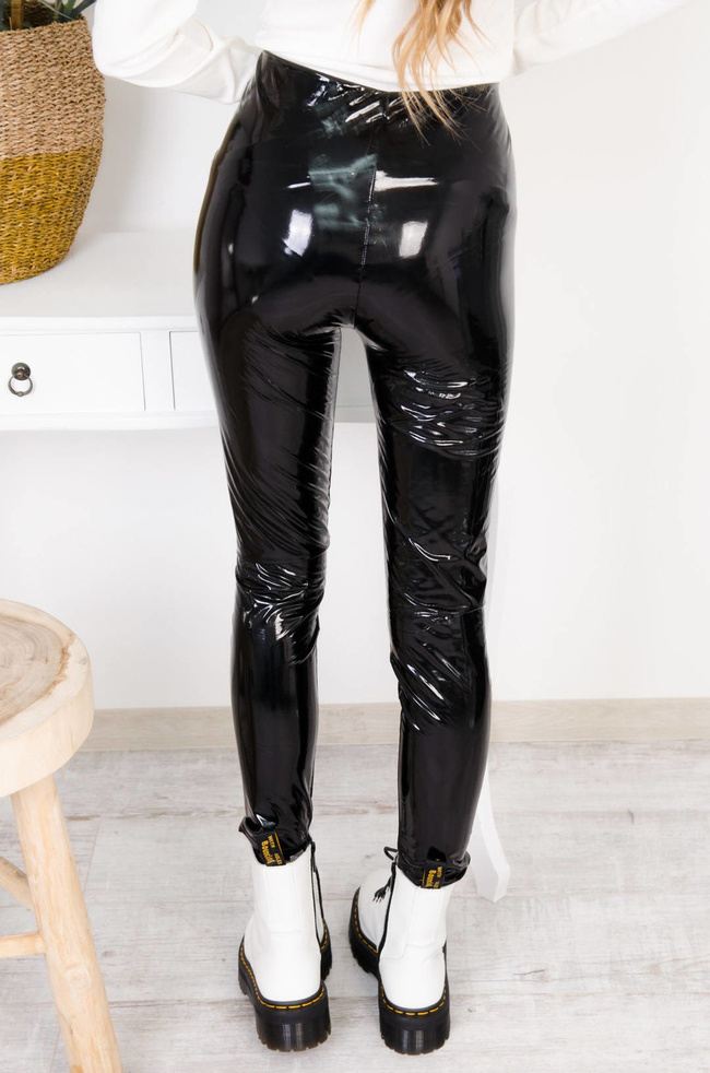 CZARNE LEGGINSY WINYLOWE Z ZAMKIEM- WYSOKI STAN