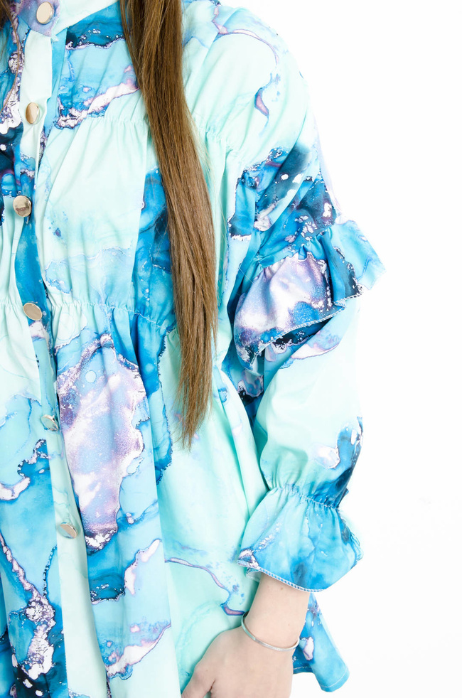 KOSZULA MARMURKOWA Z FALBANAMI NA RĘKAWACH - ZIELONA