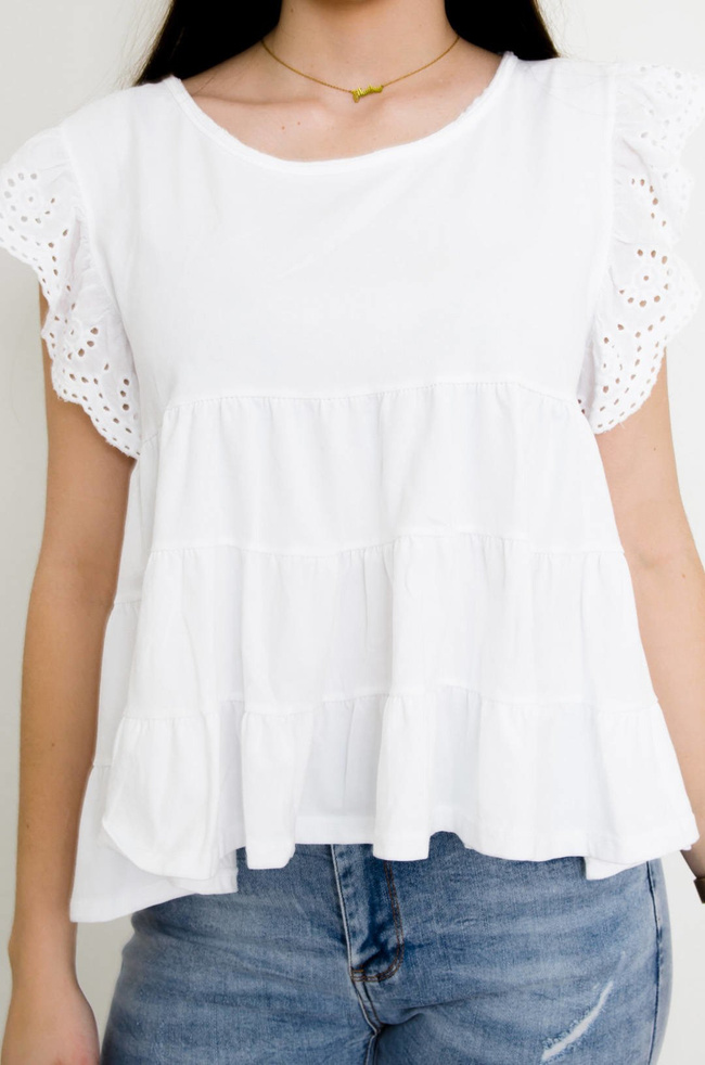 BIAŁA ROZKLOSZOWANA BLUZKA Z AŻUROWYMI RĘKAWAMI