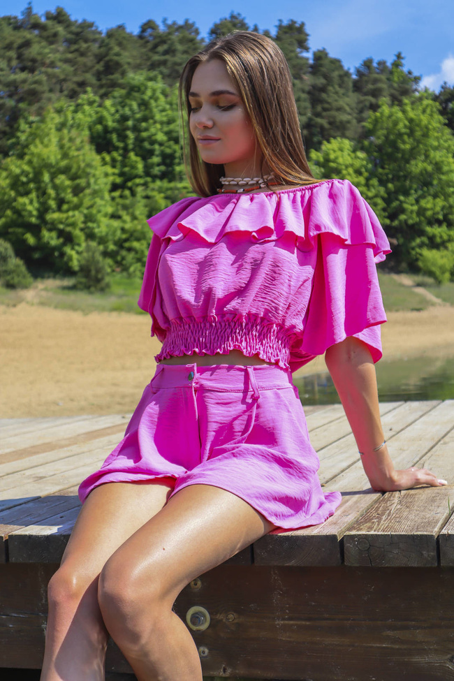 RÓŻOWY KOMPLET HISZPANKA + SPODENKI Z WYSOKIM STANEM