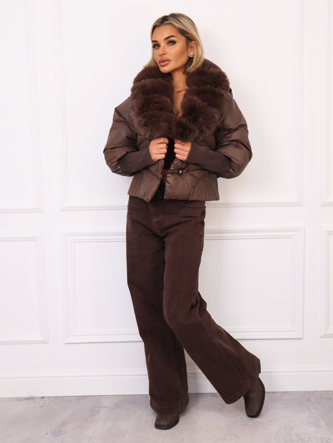 KURTKA KRÓTKA Z ODPINANYM FUTERKIEM- CZEKOLADOWA