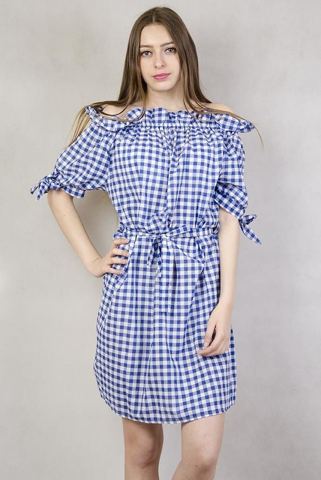 Tunika wiązana w pasie w biało-niebieską kratę