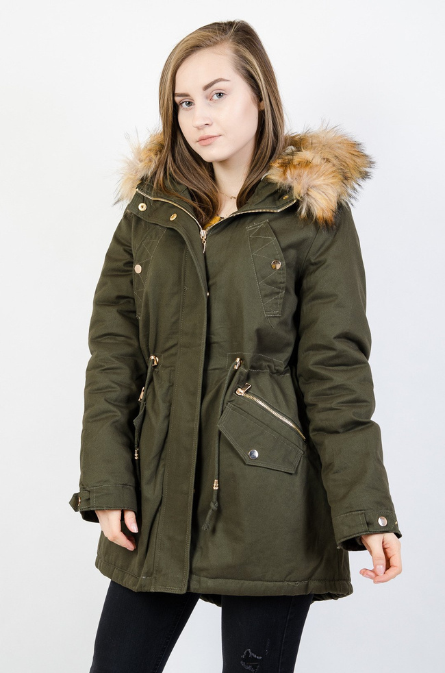 Zielona asymetryczna kurtka ze ściągaczem w pasie