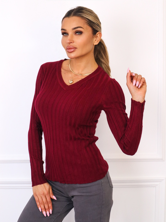 SWETER W PRĄŻKI Z DEKOLTEM W SEREK- BORDOWY