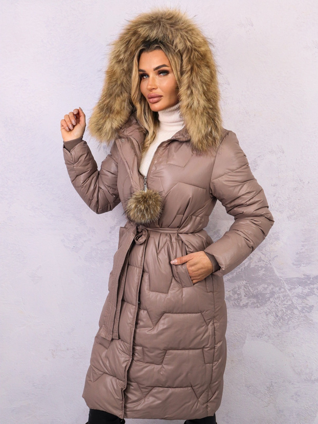DŁUGA PIKOWANA KURTKA Z FUTERKIEM- BRĄZOWA