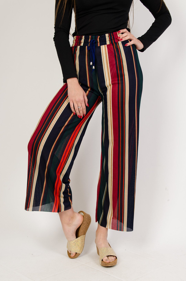 Granatowo-czerwone spodnie w paski z szeroką nogawką