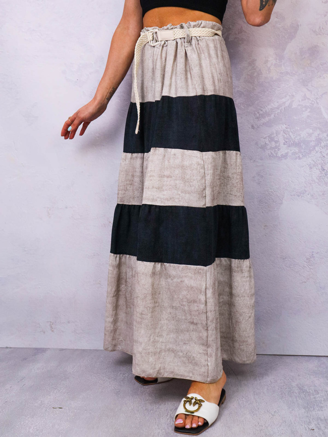 SPÓDNICA MAXI Z ŁĄCZONYCH MATERIAŁÓW+ PASEK- CZARNA