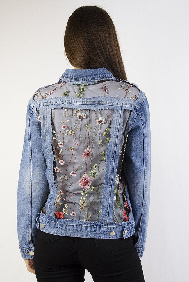 Kurtka jeansowa z haftami i elementami prześwitującymi