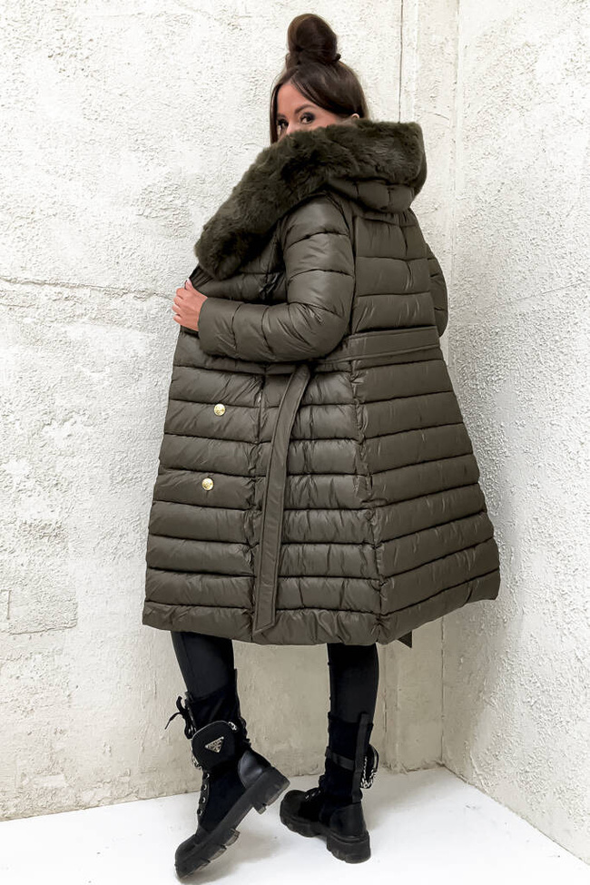 PIKOWANY PŁASZCZ ZE ZŁOTYMI GUZIKAMI I PASKIEM- CIEMNA ZIELEŃ