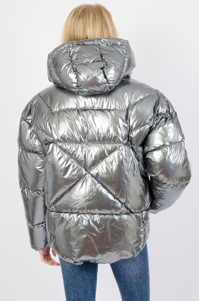 Szara metaliczna kurtka z pikowaniem