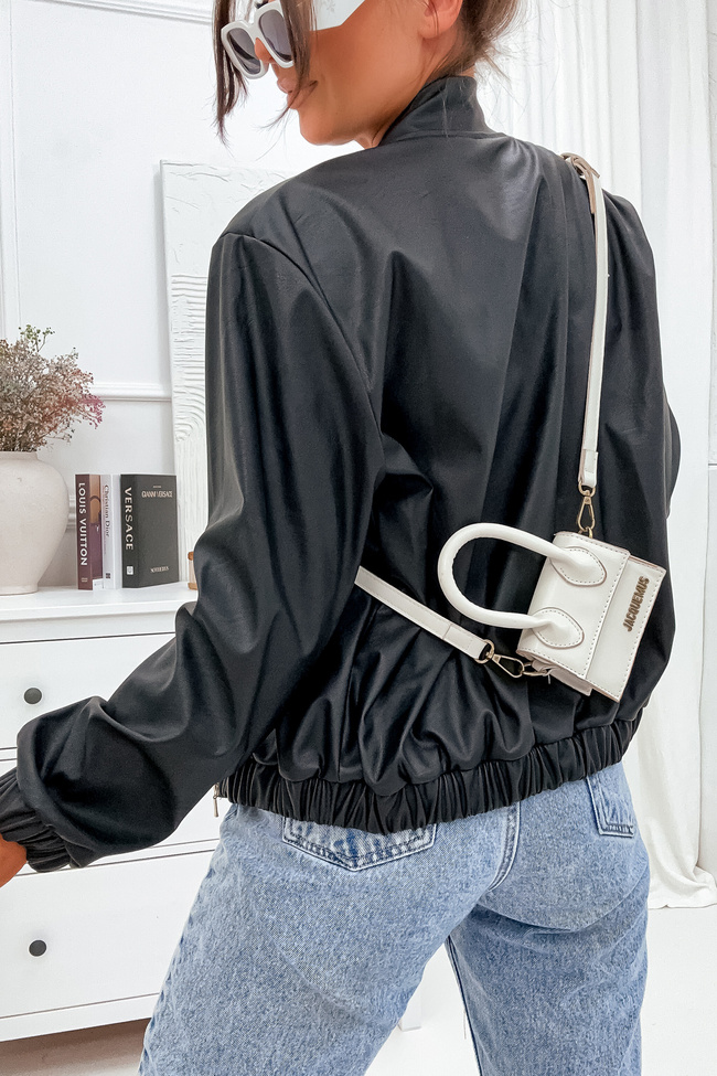 BLUZA SKAJKOWA Z ZAMKIEM I GUMĄ W PASIE- CZARNA