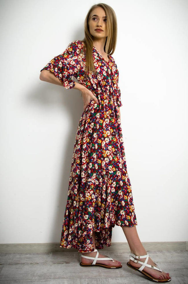 CZERWONA ASYMETRYCZNA SUKIENKA W KWIATY