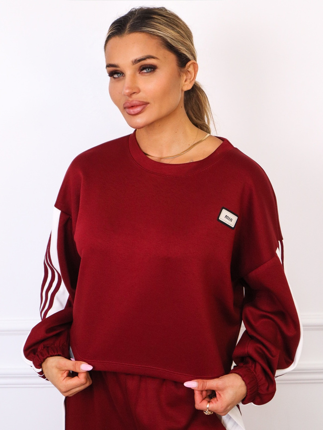 KOMPLET MASEŁKO BLUZA Z NASZYWKĄ+ SPODNIE ZAPINANE PO BOKACH- BORDOWY