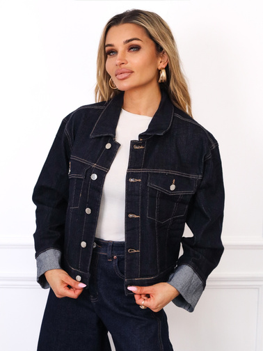 KURTKA JEANSOWA ZAPINANA NA GUZIKI Z PODWIJANYMI RĘKAWAMI- GRANATOWA