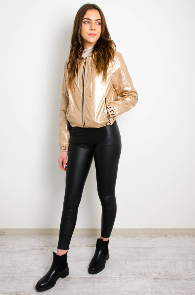 BEŻOWA POŁYSKUJĄCA KURTKA WIOSENNA Z KAPTUREM 