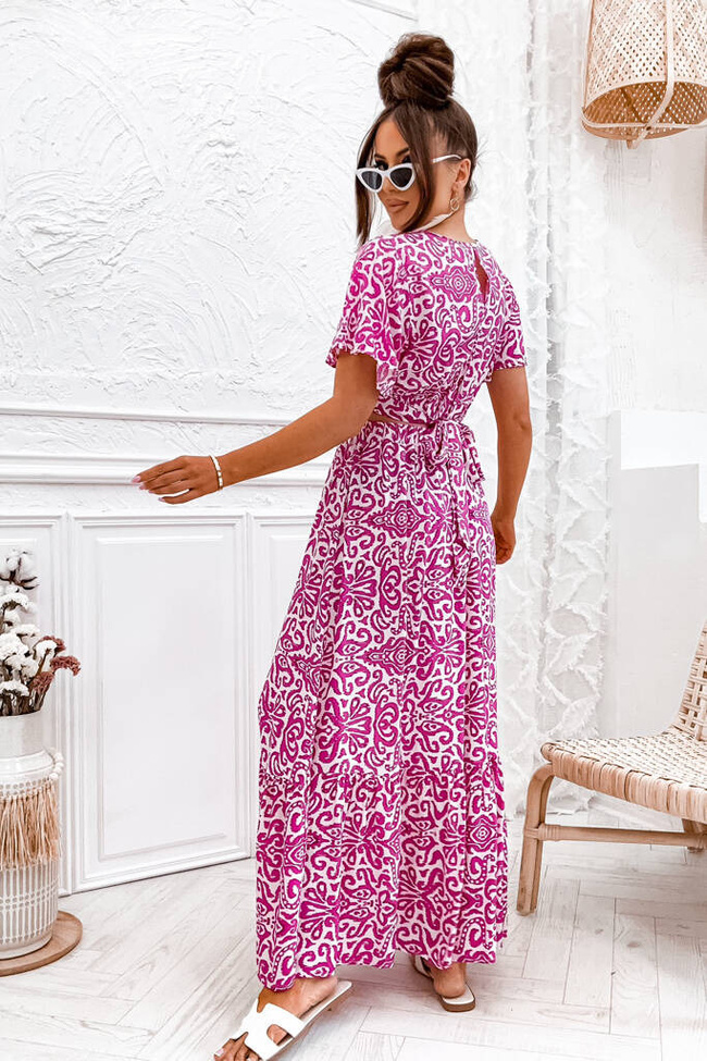 WZORZYSTY KOMPLET SPÓDNICA MAXI+WIĄZANY TOP-RÓŻOWY