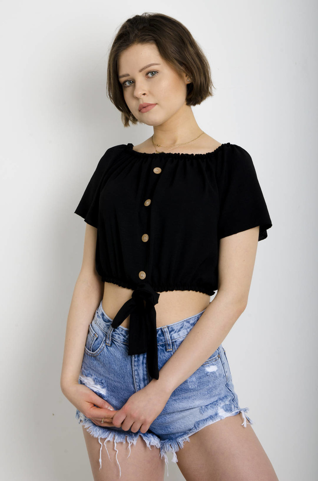 BLUZKA HISZPANKA Z WIĄZANIEM - CZARNA